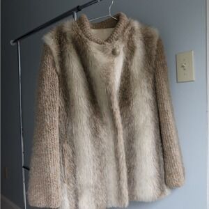 Vintage D'Esprit‎ Faux Fur & Knit Coat Jacket Brown Tan Cream Womens